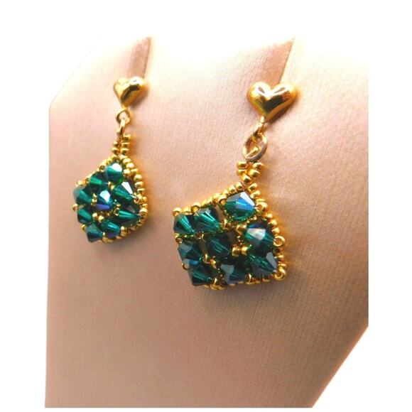 Artisan Pierced Green Earrings AB Like Coated Beads Dangle Style Gold Tone - Picture 2 of 7